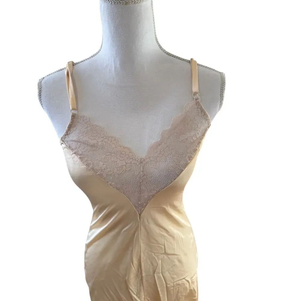Vintage Lace Trim Full Slip Peachy Beige - Picture 2 of 3